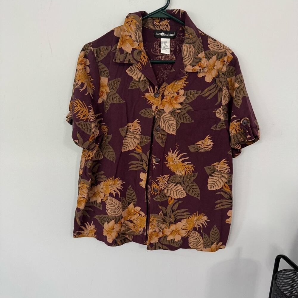 Vintage Sag Harbor Tropical Palm Casual Button Down Shirt Size Large 100% Silk - Picture 1 of 7